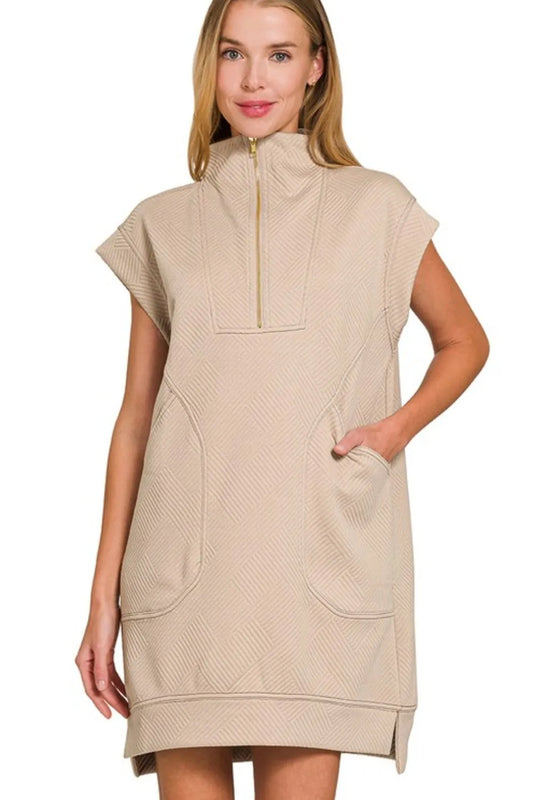 Textured Knit Jacquard Quarter Zipper Mini Dress