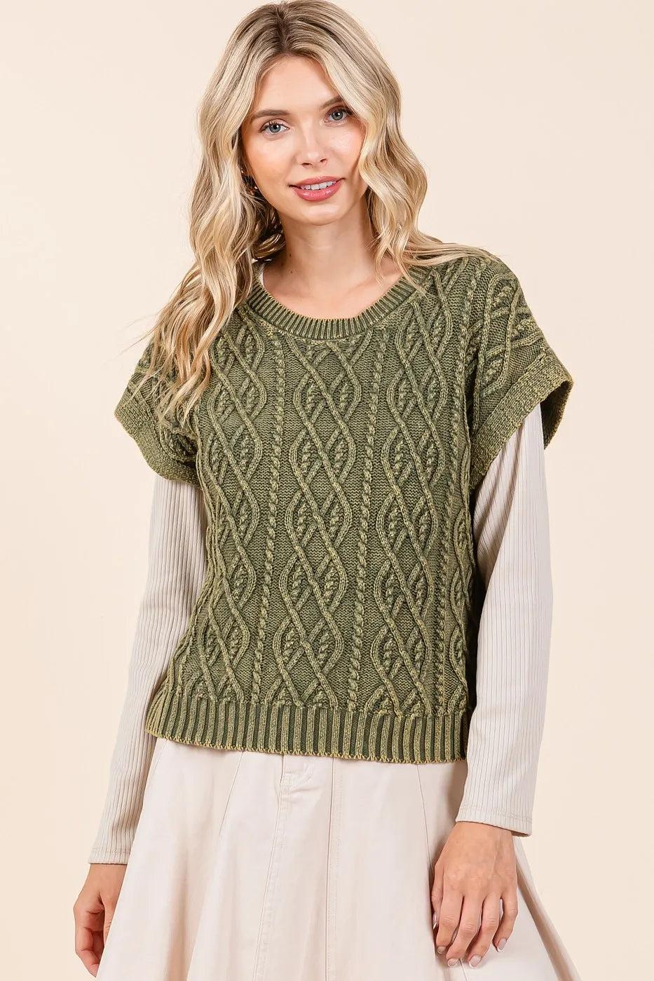 Mineral Wash Cap Sleeve Cable Knit Sweater Top