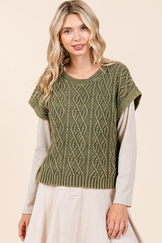 Mineral Wash Cap Sleeve Cable Knit Sweater Top