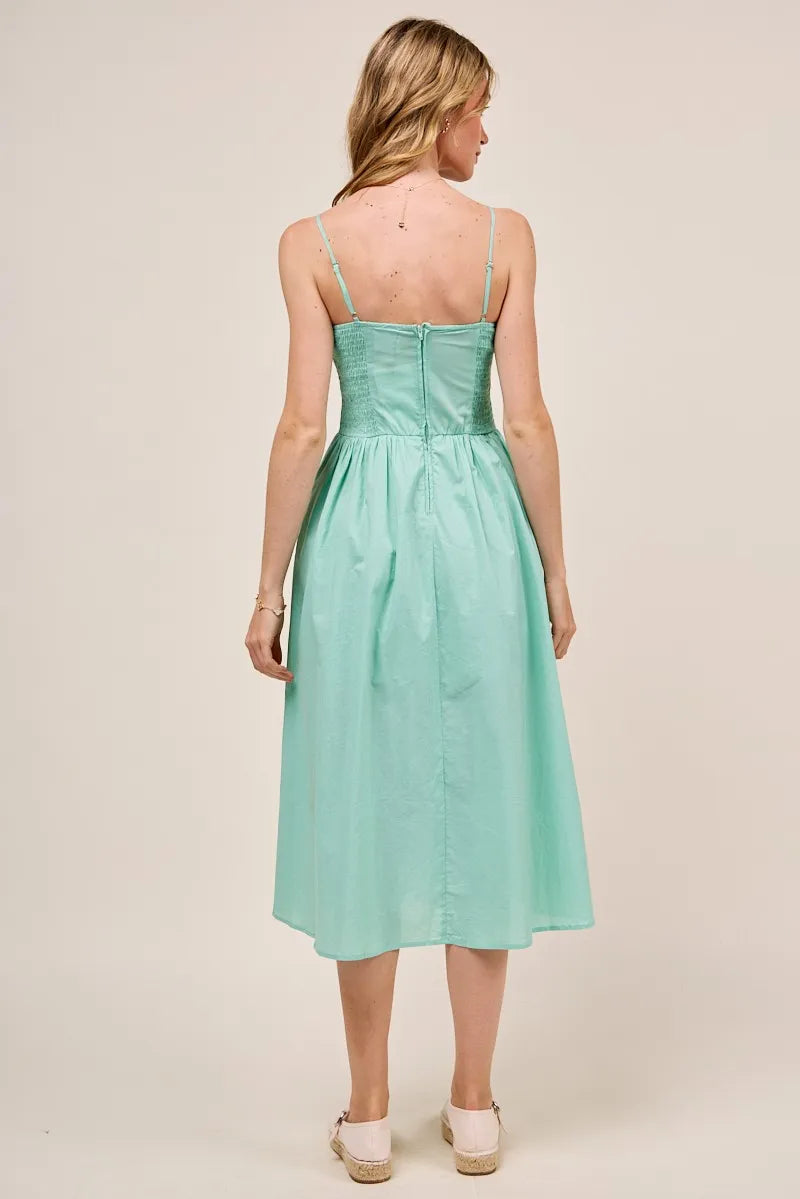 Smocked Bodice Sleeveless Midi Dress with Side Slit