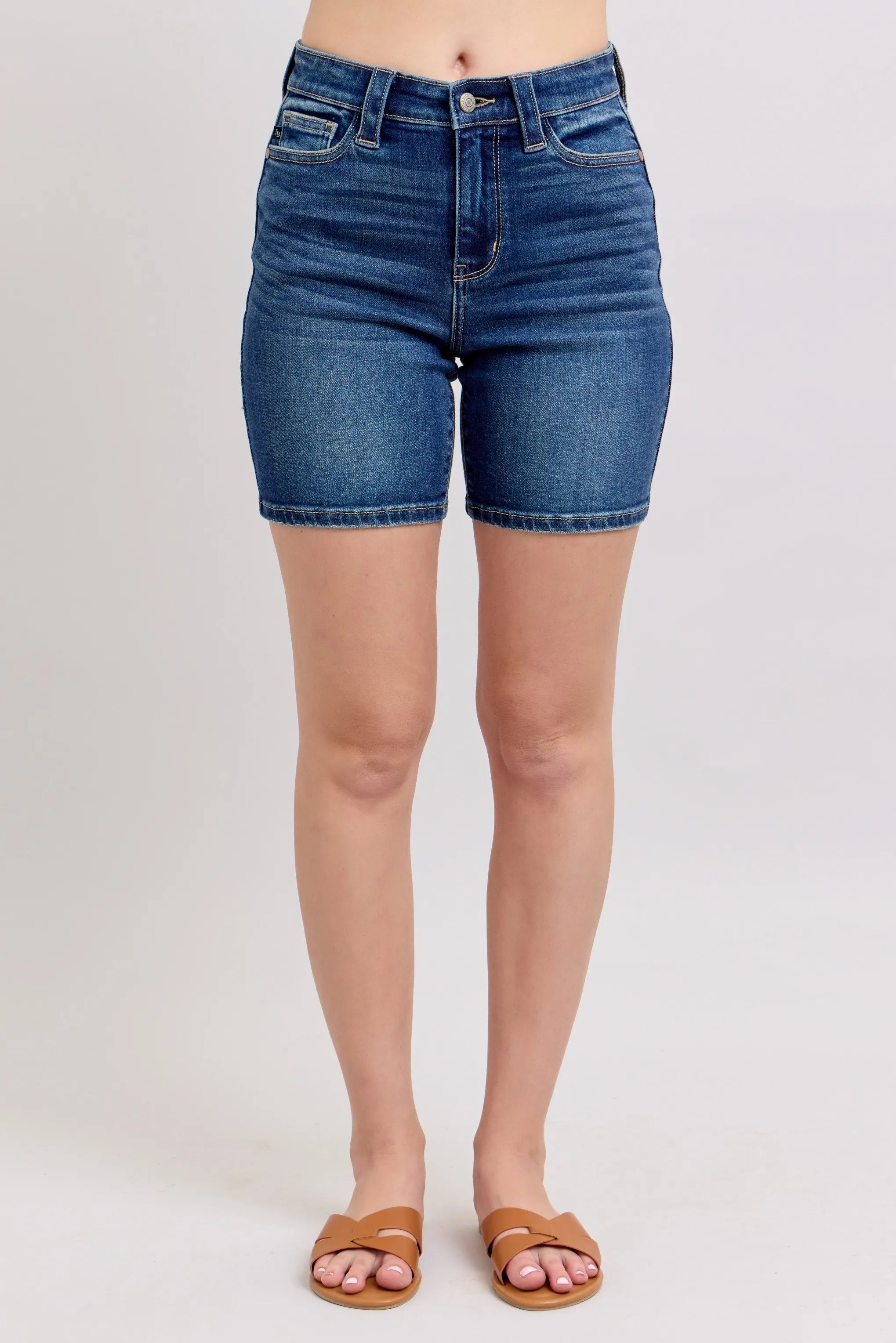 High-Rise Stretch Denim Bermudas w/ Flap Pockets