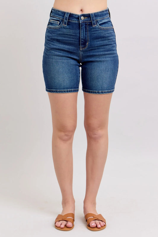 High-Rise Stretch Denim Bermudas w/ Flap Pockets