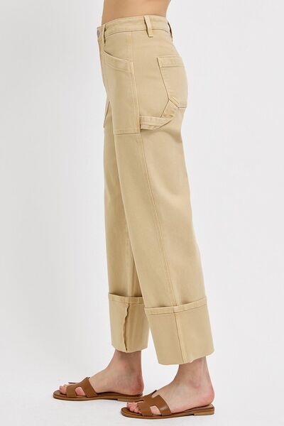 Full Size High Rise Wide Straight Cuffed Patch Jeans Plus Size