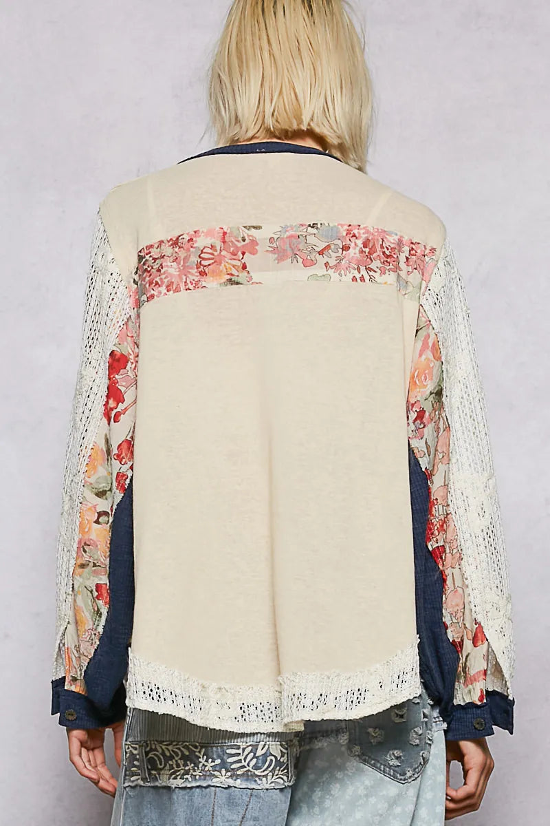 Crochet Sleeve Boho Patchwork Button Detail Top