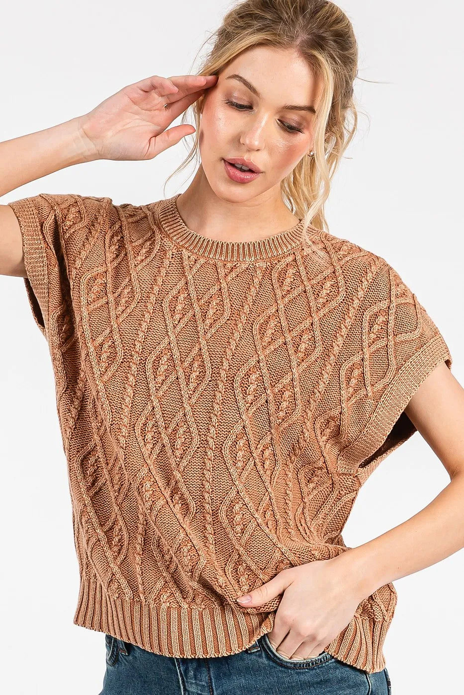Mineral Wash Cap Sleeve Cable Knit Sweater Top