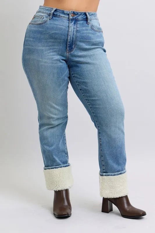 Full Size High Waist Shearling Cuff Straight Plus Size