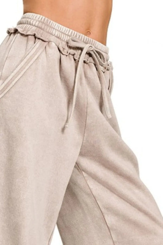 Acid Wash Fleece Palazzo Sweatpants with Pockets