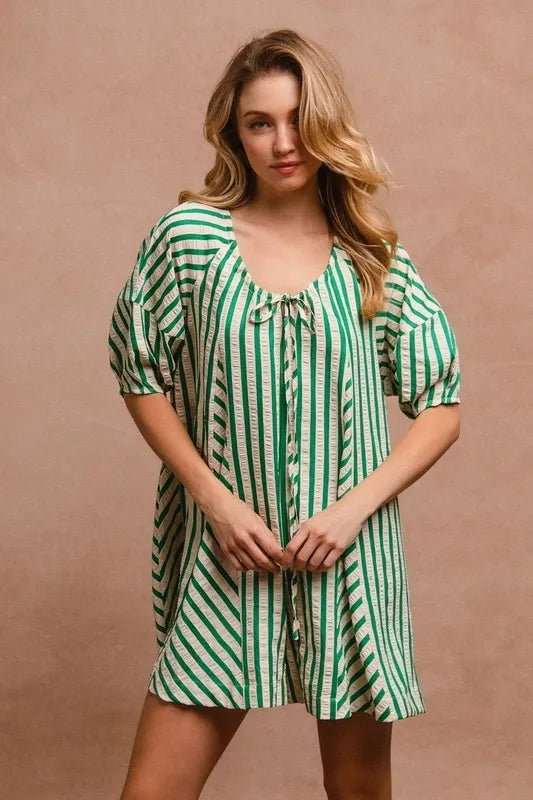 Puffy Sleeves Romper with Back Button Closure