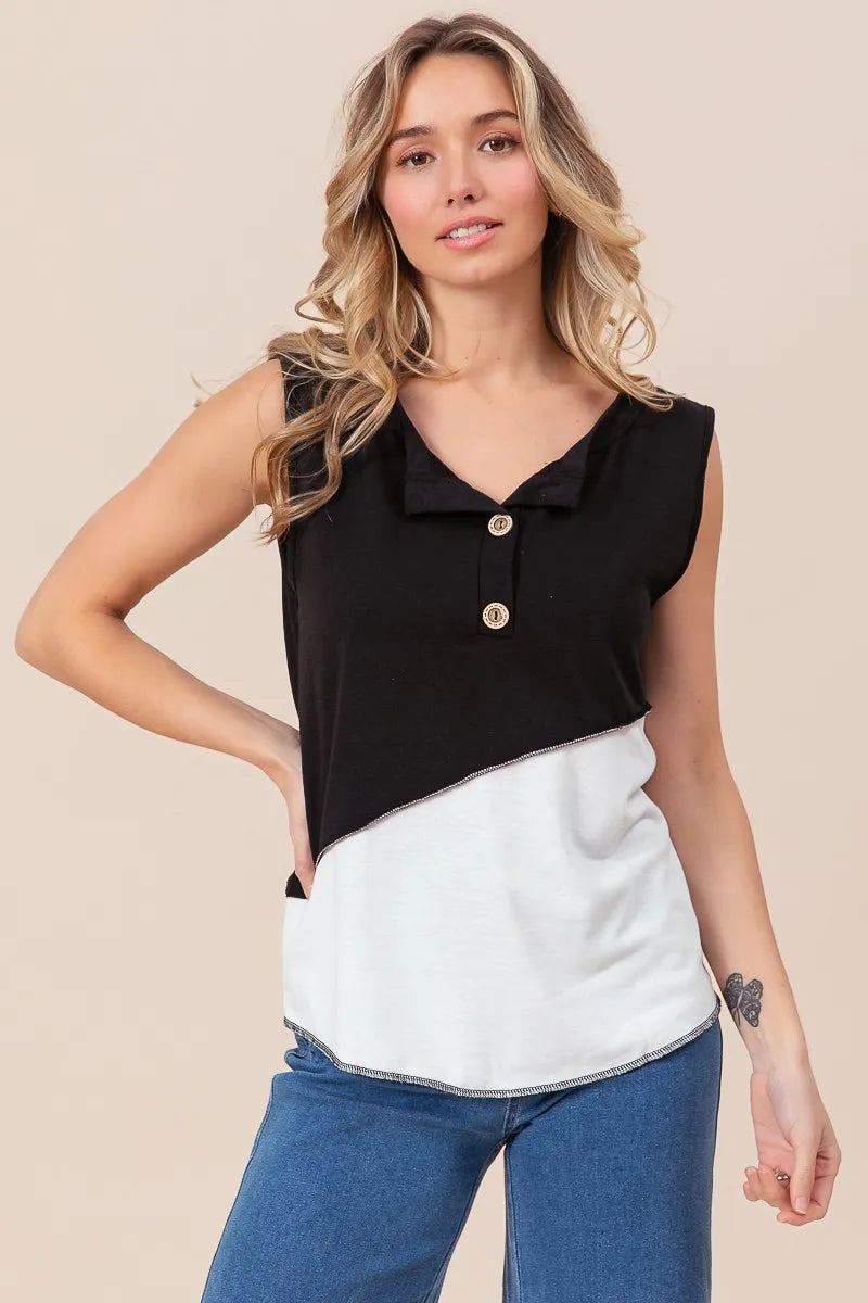 Color Block Contrast Stitching Buttoned Henley Top