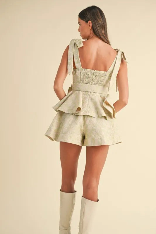 Jacquard Floral Peplum Top and Flare Shorts Set