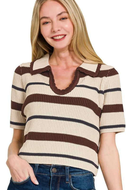 Striped Collared Short Sleeve Cropped Sweater