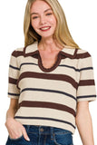 Striped Collared Short Sleeve Cropped Sweater