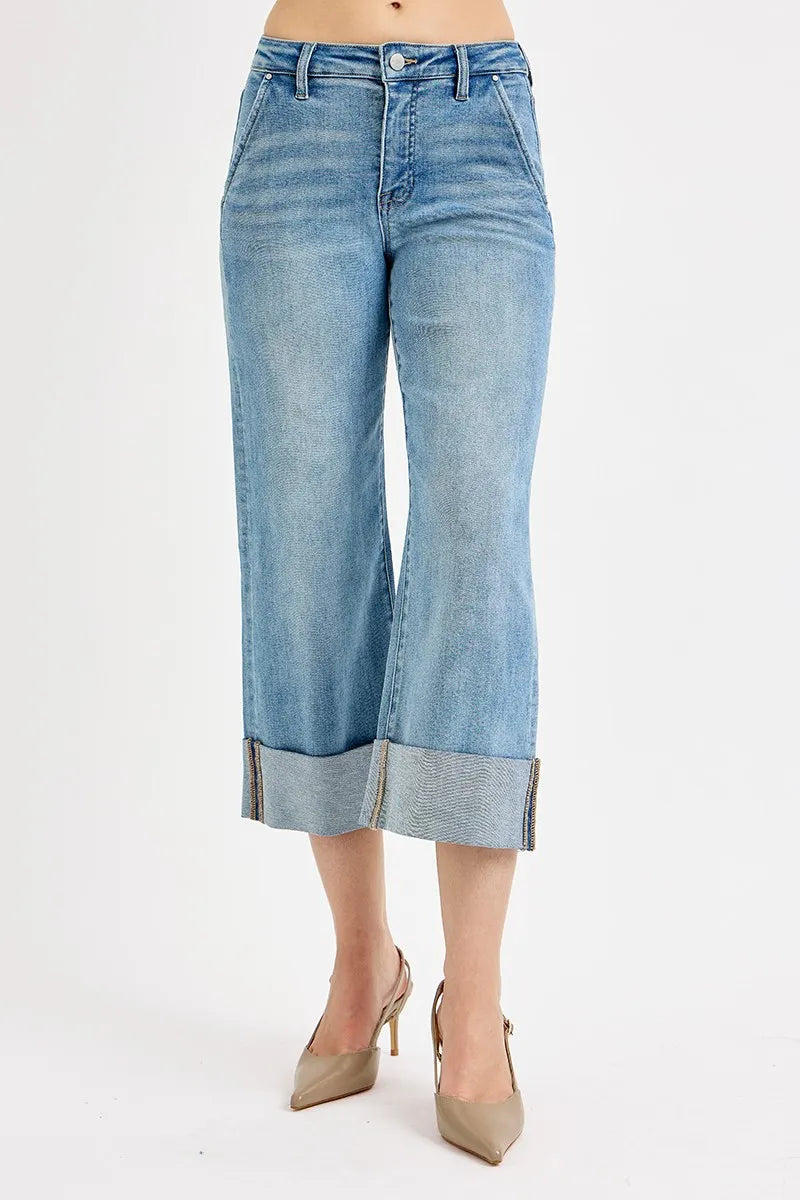 Full Size High Waist Ankle Wide Cuffed Tummy Control Jeans