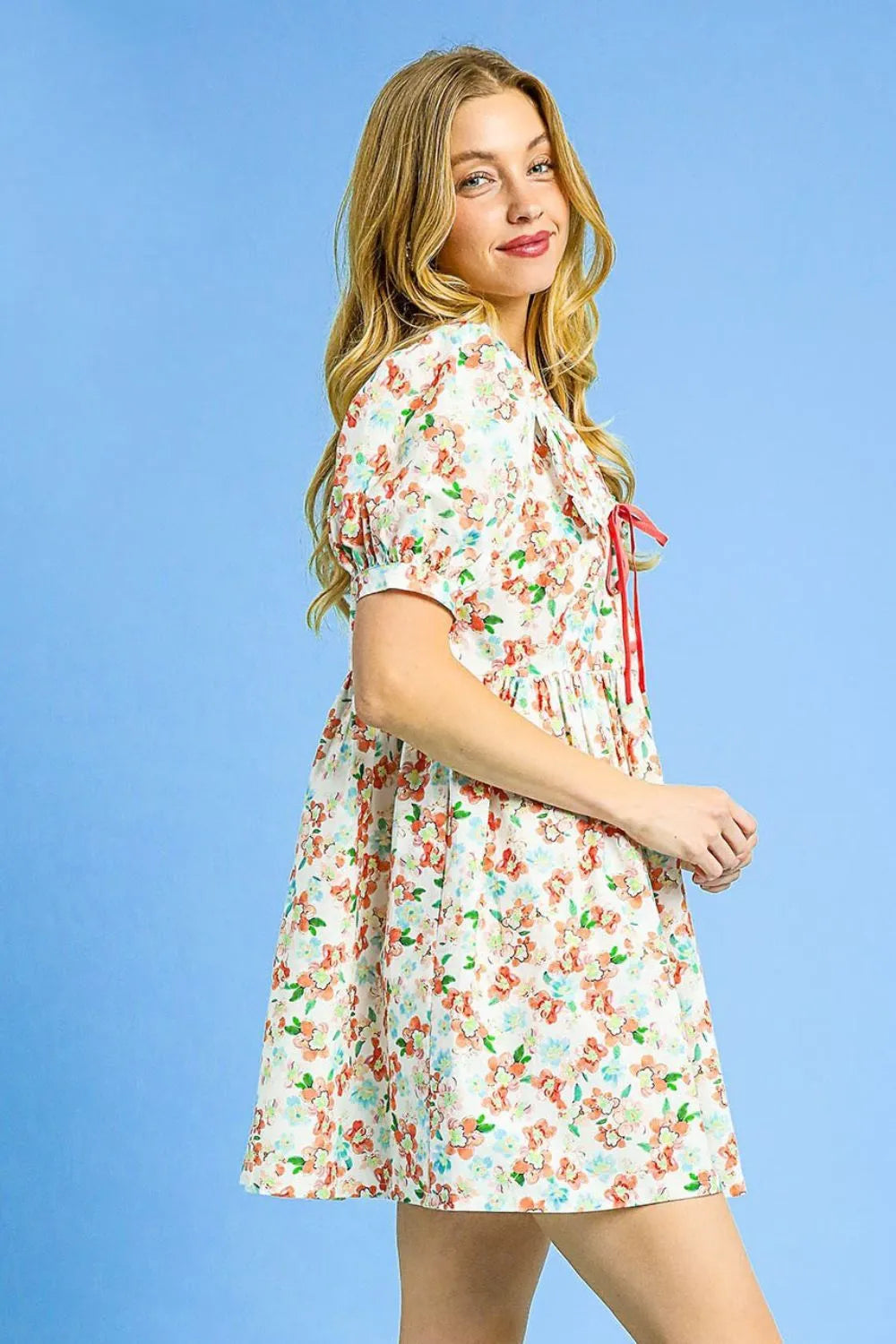 Vintage-Inspired Puff Sleeve Tie-Front Mini Dress