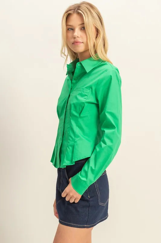 Long Sleeve Pleated Waist Poplin Shirt