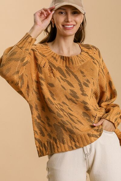 Full Size Animal Print Round Neck Distressed Detail Sweater Plus Size