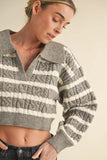 Pale Collared Striped Cropped Cable Knit Sweater