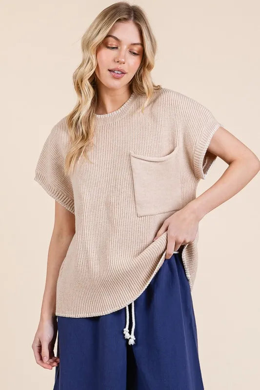 Solid Cap Sleeve Stitch Edge Knit Sweater