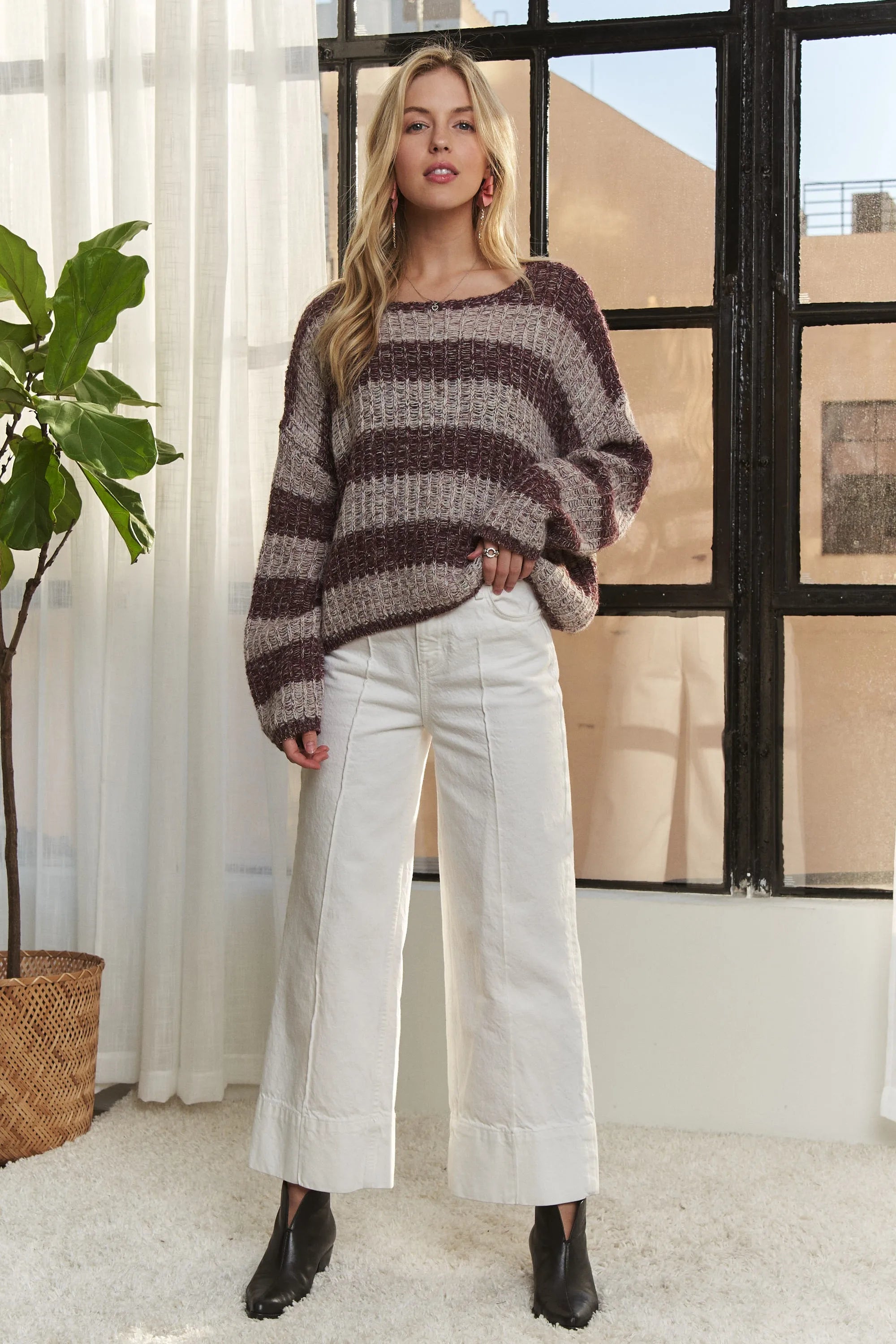 Horizontal Stripes Knit Textured Sweater