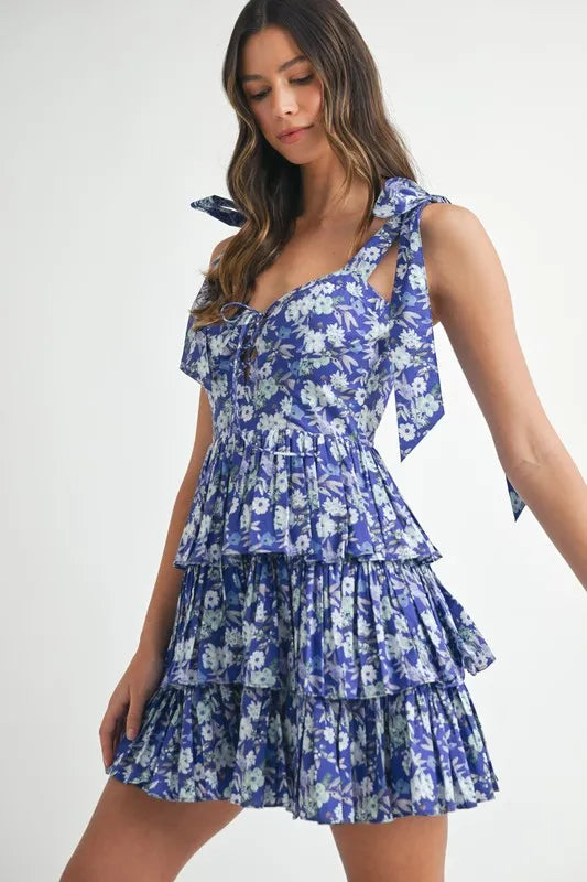 Floral Print Shoulder Tie Layered Mini Dress
