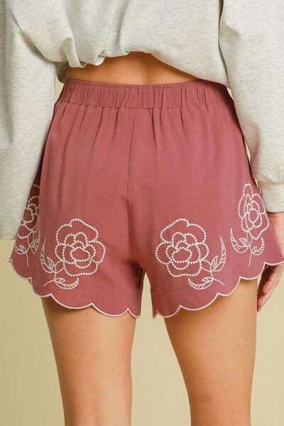 Full Size Linen Blend Shorts with Floral Embroidered Details Plus Size