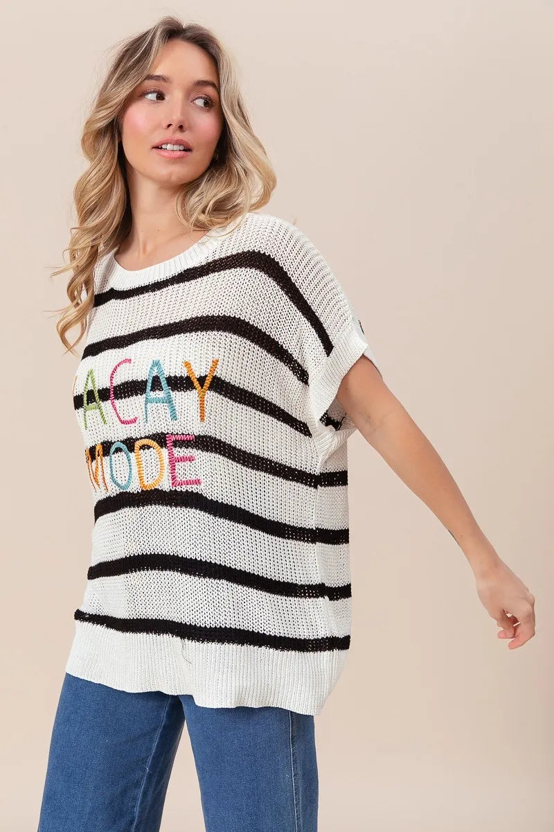 Vacay Mode Lettering Drop Shoulder Striped Sweater