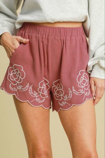 Full Size Linen Blend Shorts with Floral Embroidered Details Plus Size