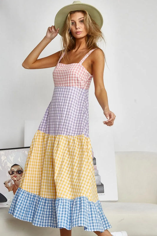 Color Block Tiered Gingham Dress
