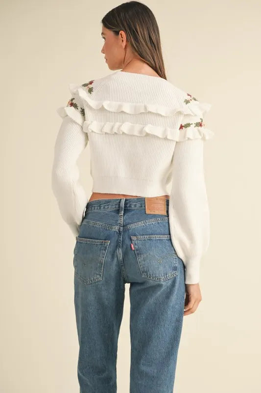 Floral Embroidered Ruffle Detail Sweater