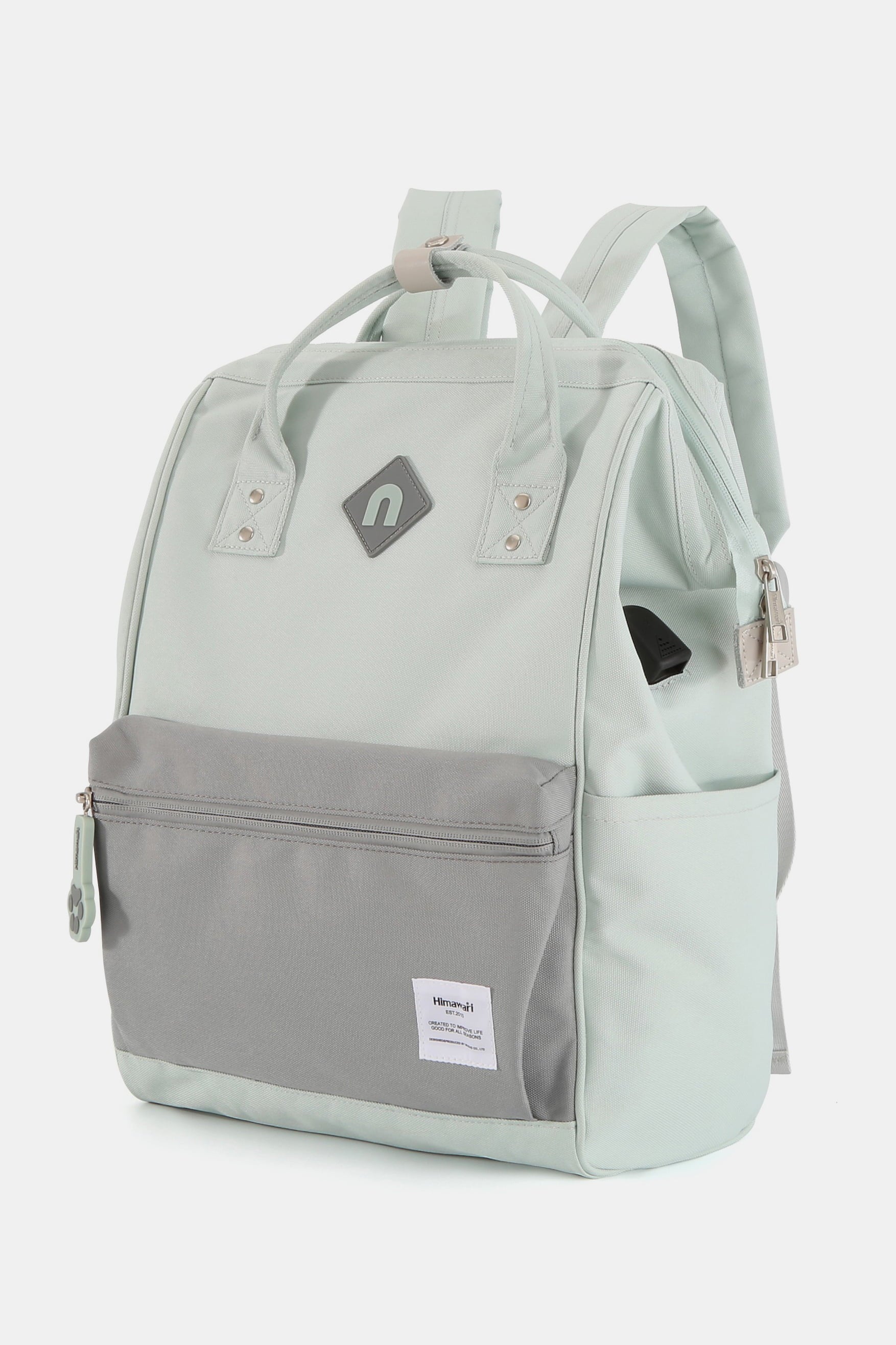 Contrast Waterproof Backpack Bag with External USB Port - Mint/Grey