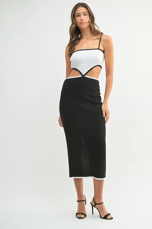 Ribbed Knit Color Block Cutout Midi Dress