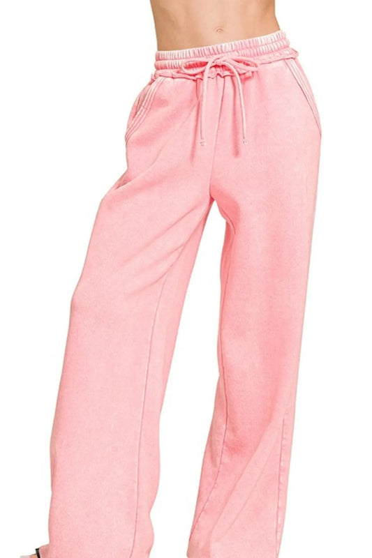 Acid Wash Fleece Palazzo Sweatpants with Pockets