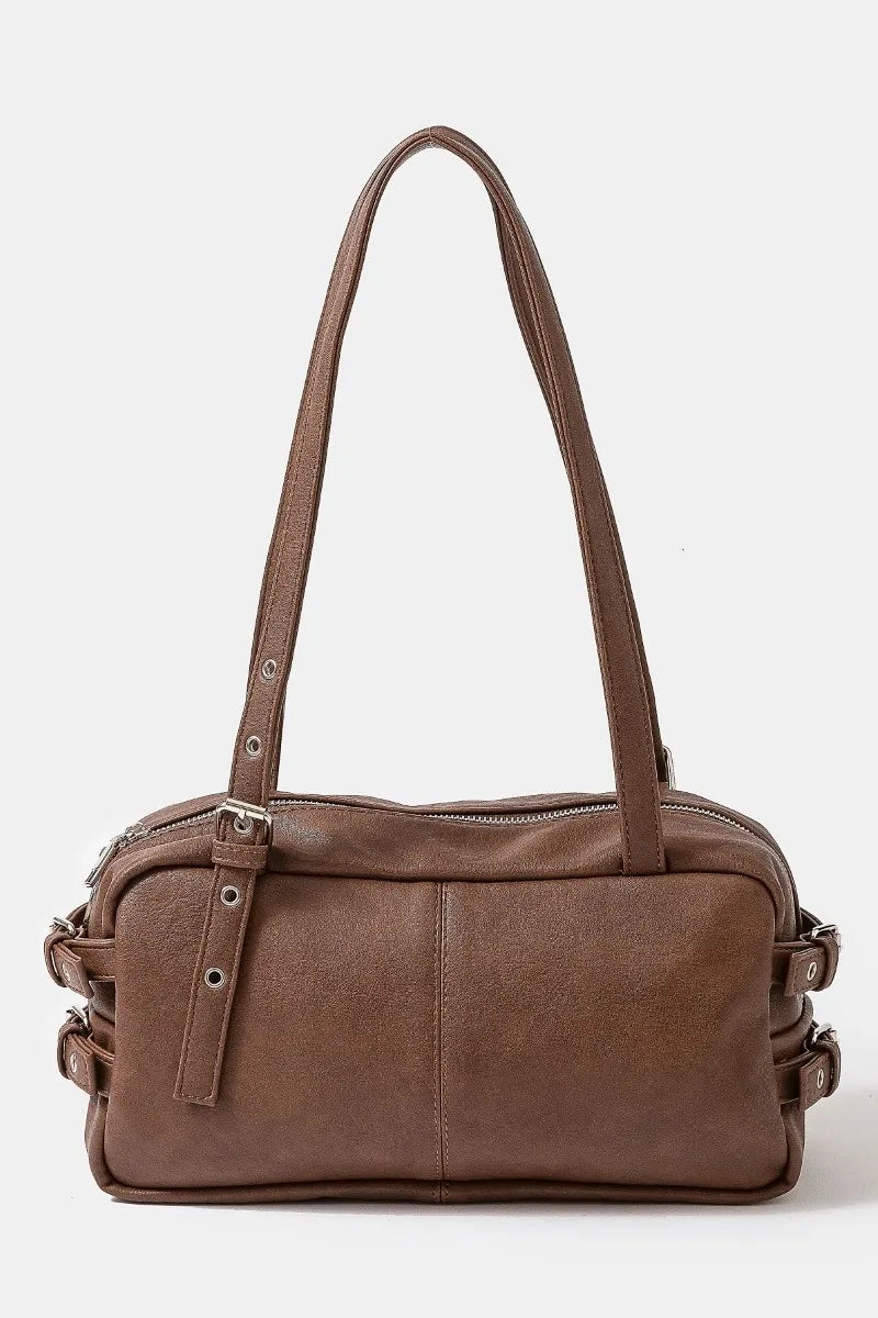 Rustic Buckle Strap Rectangular Leather Shoulder Handbag