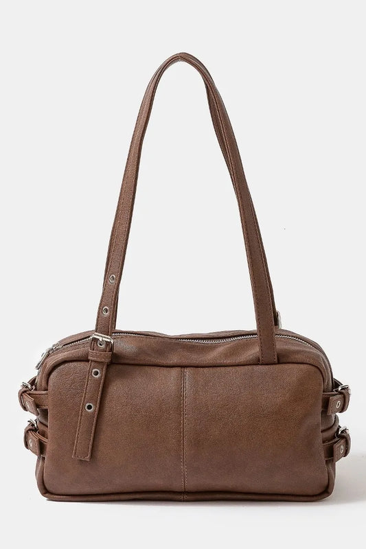 Rustic Buckle Strap Rectangular Leather Shoulder Handbag