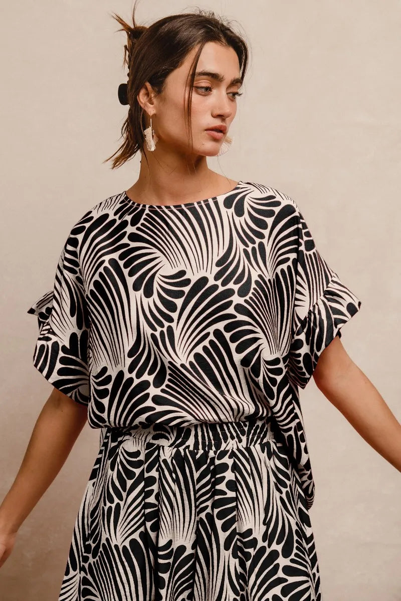 Ruffled Sleeve Fashion Print Blouse
