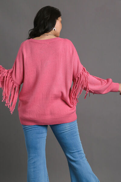 Full Size Fringe Round Neck Long Sleeve Sweater Plus Size