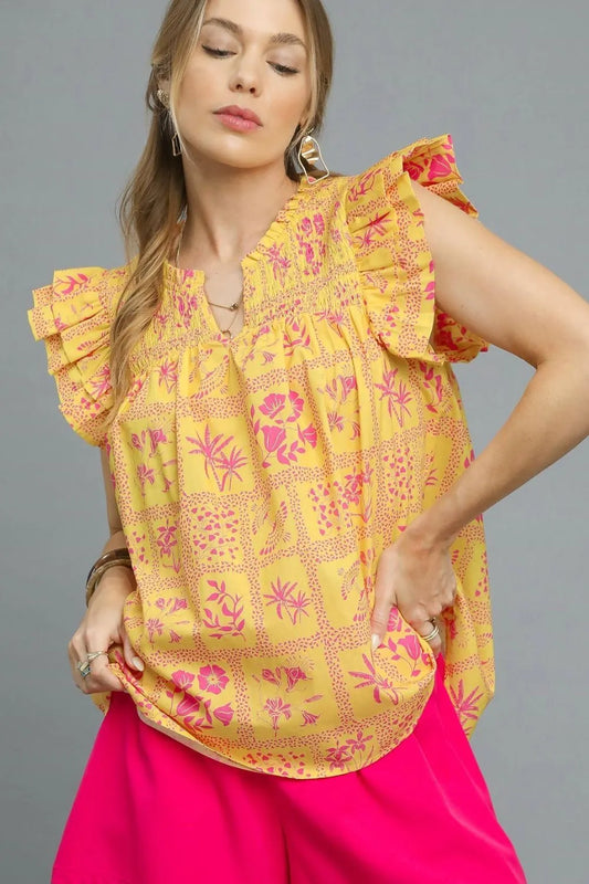 Floral Ruffle V-Neck Cap Sleeve Top