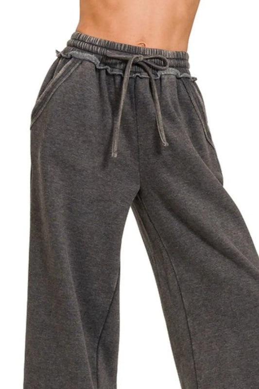 Acid Wash Fleece Palazzo Sweatpants with Pockets