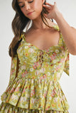 Floral Print Shoulder Tie Layered Mini Dress