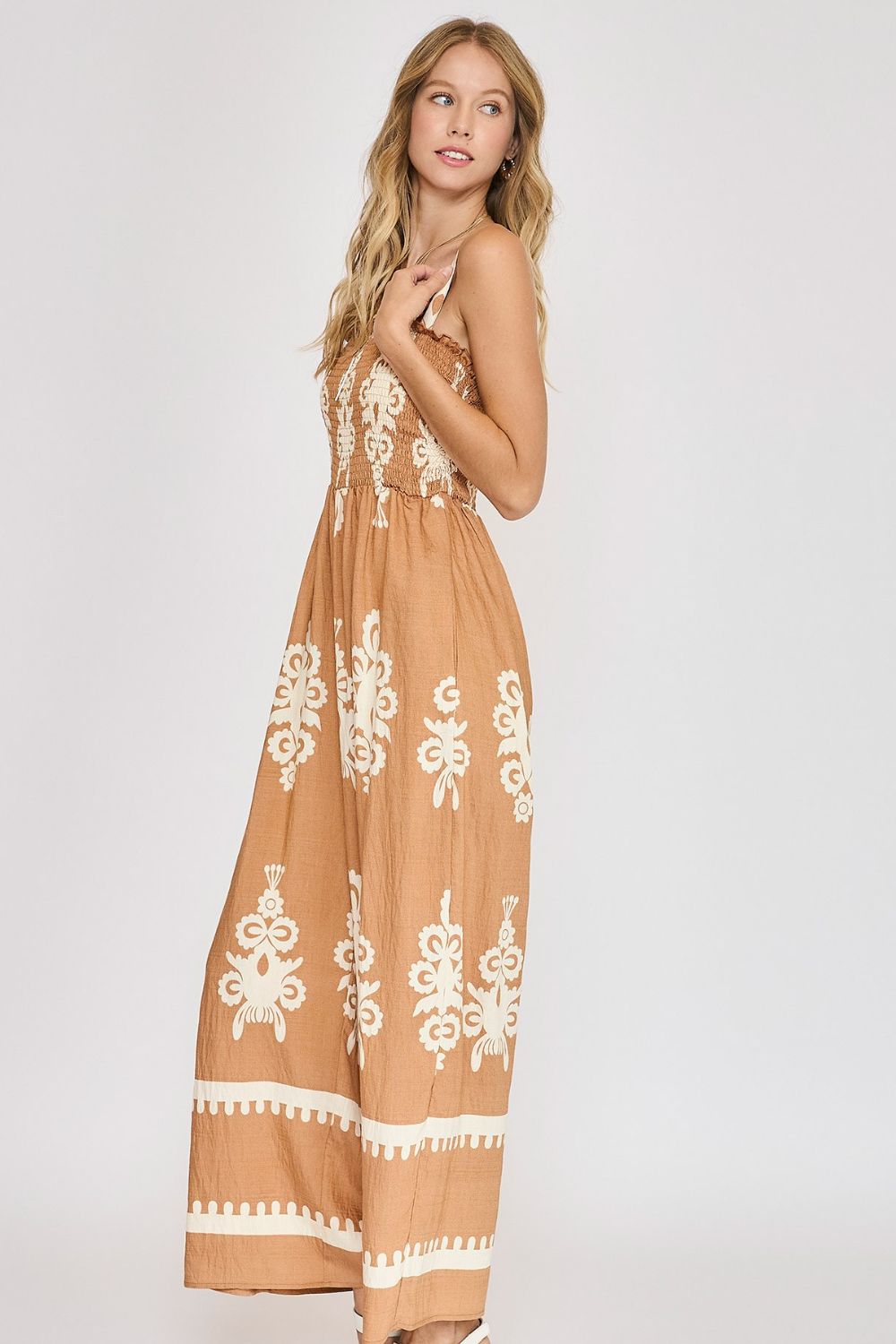 Full Size Smocked Printed Wide Leg Jumpsuit Plus Size