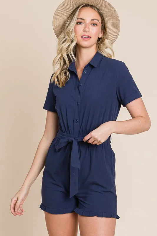 Collared Button Down Romper with Tie Belt