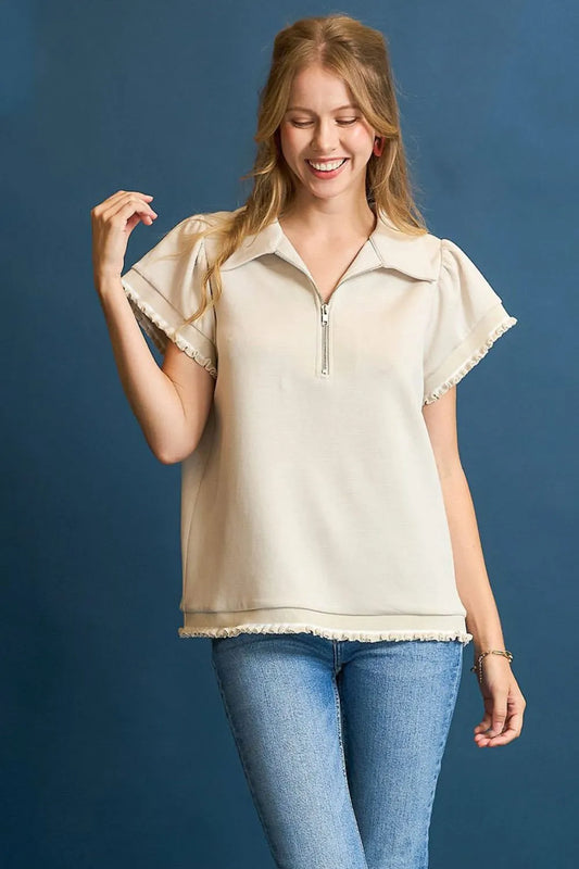 Frayed Hem Half-Zip Collar Top