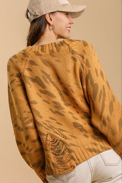 Full Size Animal Print Round Neck Distressed Detail Sweater Plus Size