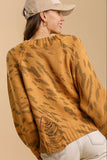 Full Size Animal Print Round Neck Distressed Detail Sweater Plus Size