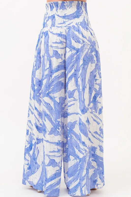 Smocked Tied Waist Abstract Print Wide Leg Pants