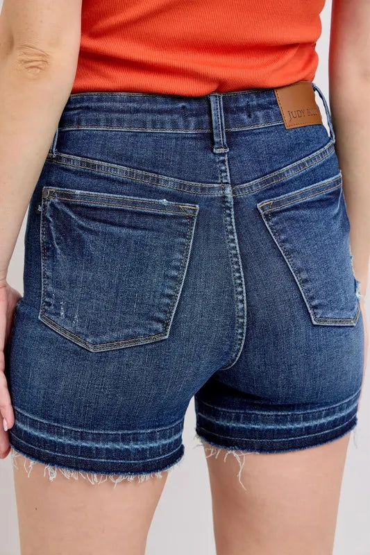 High Waist Tummy Control Destroy Release Hem Denim Shorts
