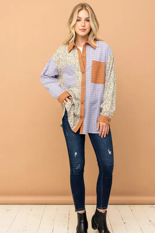 Floral and Plaid Color Block Shirts with Pocket