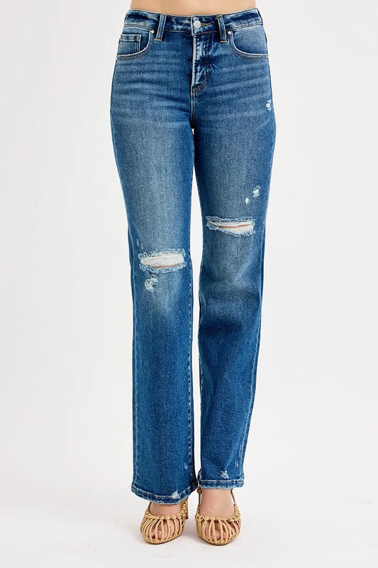 High Waist Curve Enhancing Straight Distressed Denim Jeans