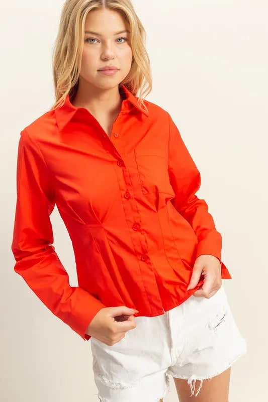 Long Sleeve Pleated Waist Poplin Shirt