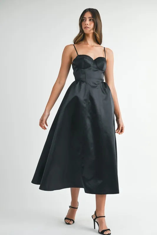 Solid Taffeta Spaghetti Strap Bustier Midi Dress
